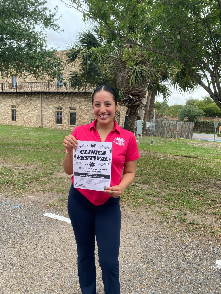 Alondra Rodriguez, a Promotora for PPST, is pictured, holding a flyer for PPST’s upcoming “Clinica Festival” at their Brownsville clinic on April 28, where free STI testing and additional resources will be provided. 