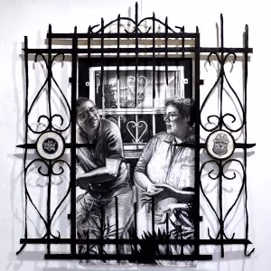 Burglar bars bearing U.S. Customs and Border Protection symbols juxtapose a fresco of artists Gil Rocha and Ray Madrigal, who stand beside a window fitted with painted bars.