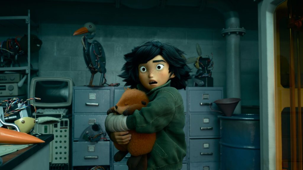 A scene from Hoppers where Mabel is holding a robot “beaver.”