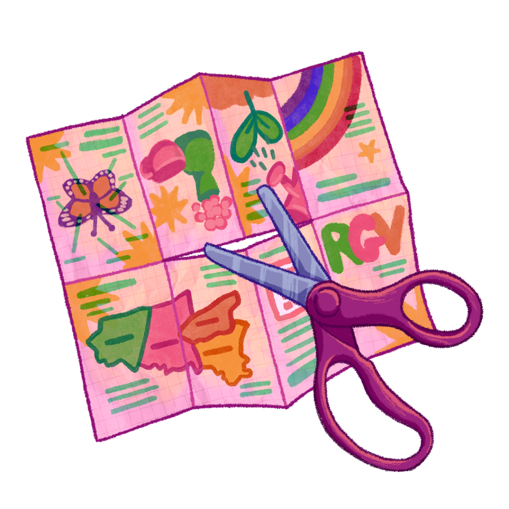 Illustration of a zine being cut up by sissors.