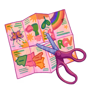 Illustration of a zine being cut up by sissors.
