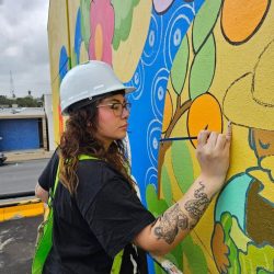 Different images of various artists on top of ladders wearing hard hats, painting a mural in Brownsville, TX in the RGV
